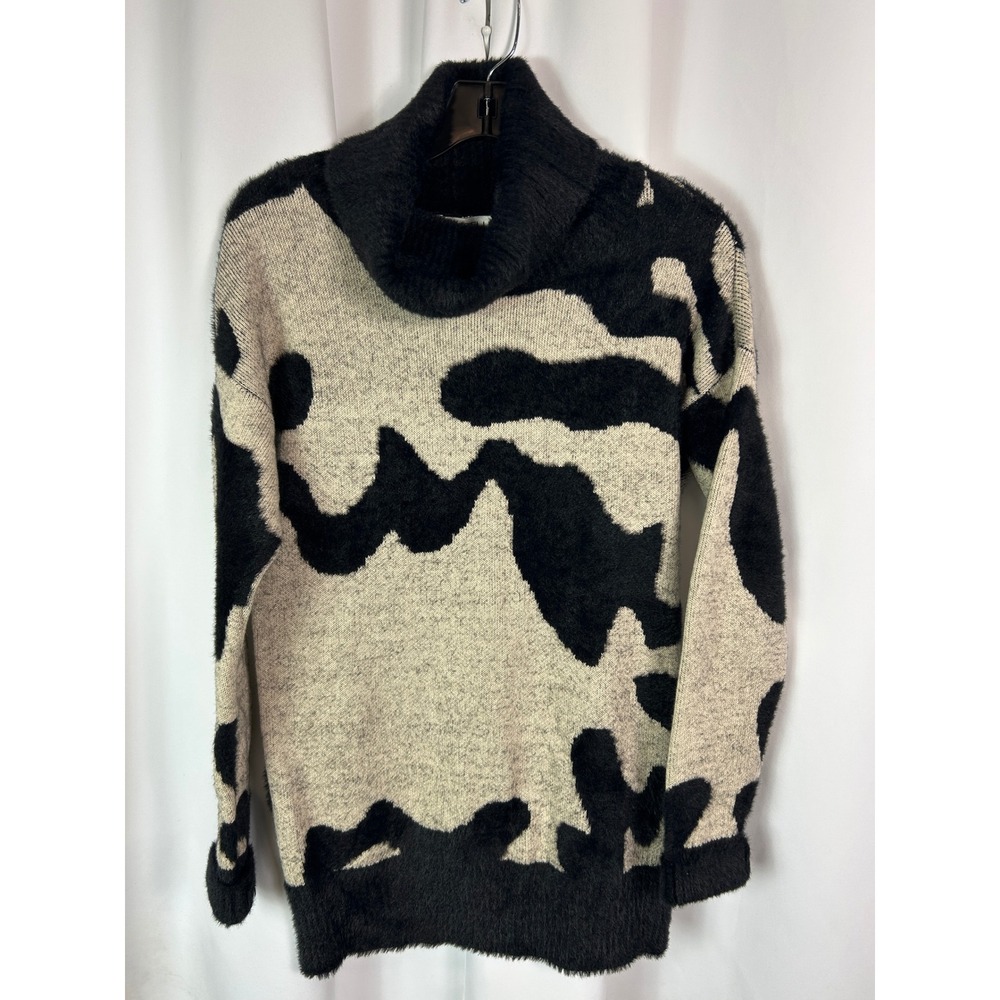 Marbella Black White Cow Print Fuzzy Cowl Neck Sweater Western Boho Small